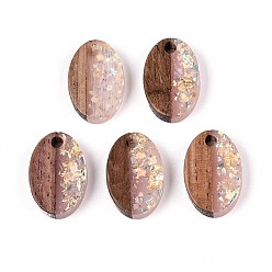 Розовый Подвески из непрозрачной смолы и орехового дерева, овальные амулеты, с блестящей пудрой и золотой фольгой, туманная роза, 15~15.5x10x3~4 мм, отверстие : 1.8~2 мм