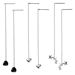 Платина 3пары 3стили латунные серьги-сердечки со стразами и звездами, платина, 97~103x6.5~13.5 мм, 1 пара / стиль