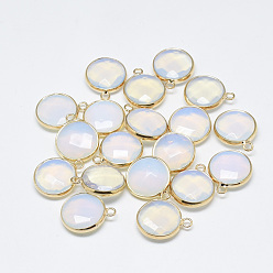 Опал Opalite подвески, с фурнитурой латунной золотого тона, граненые, плоско-круглые, 21x18x6 мм, отверстие : 2 мм