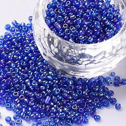 Blue 12/0 Round Glass Seed Beads, Transparent Colours Rainbow, Round Hole, Blue, 12/0, 2mm, Hole: 1mm, about 3333pcs/50g, 50g/bag, 18bags/2pounds