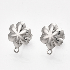 Stainless Steel Color 304 Stainless Steel Stud Earring Findings, with Loop and Ear Nuts/Earring Backs, Flower, Stainless Steel Color, 13.5x10mm, Hole: 1mm, Pin: 0.7mm