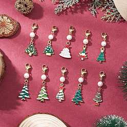 Золотой 10 шт. подвесные украшения из эмалевого сплава для рождественской елки, с бусинами из ракушечного жемчуга и 304 застежками-карабинами из нержавеющей стали, золотые, 41.5~49 мм