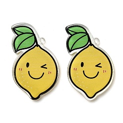 Лимон Непрозрачные печатные акриловые подвески, фрукты, лимон, 50x30x4 мм, отверстие : 2.5 мм