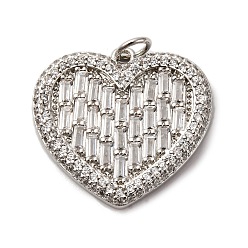 Платина Латунные микропаве прозрачные подвески с фианитом, сердце прелести, с целью перехода в кольце, стойки покрытие, прочное покрытие, без кадмия и без свинца, платина, 21x22x3 мм, отверстие : 3 мм