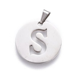 Letter S Anlaufgeschützt 201 Anhänger aus Edelstahl, flach rund mit Brief, Edelstahl Farbe, Buchstabe s, 20x1.3 mm, Bohrung: 4x3 mm