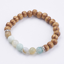 Амазонит Натуральный амазонитовые браслеты простирания, с деревянными бусинами и бисером сплава, сумки мешковины, 2-1/8 дюйм (54 мм)
