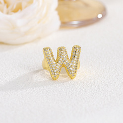 Letter W Латунные кольца из манжеты с прозрачным цирконием, золотые, Буква W, внутренний диаметр: регулируемый