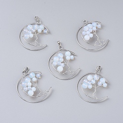 Опал Opalite большие подвески, с латунной фурнитурой платинового цвета, луна с деревом, 50~53x41~43x8~10 мм, отверстие : 7x5 мм