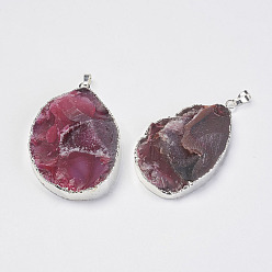 Индийский Красный Натуральные и окрашенные подвесные агатовые подвески, с посеребренными латунными выводами, самородки, Индийская красная, 57~61x36~43x9~14 мм, отверстие : 5x8 мм