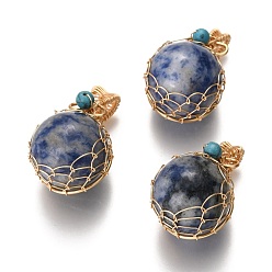 (306FM) Жонкиль матовый с лаймовой подкладкой Кулоны из яшмы и бирюзы из натурального синего пятна, с фурнитурой позолоченной латунной, круглые, 26.5~28x17~17.5x16.5 мм, отверстие : 3~5 мм