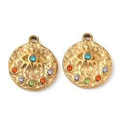 Настоящее золото 18K Ионное покрытие (ip) 304 подвески из нержавеющей стали, с красочными стразами, плоский круглый с шармом в виде глаз, реальный 18 k позолоченный, 18x15.5x3.5 мм
