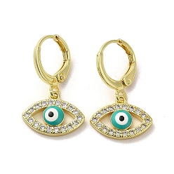 Vert De Mer Clair Boucles d'oreilles pendantes œil de cheval en laiton doré à fermoir à levier, avec de l'émail et de la zircone cubique, vert de mer clair, 23.5~24x14.5mm
