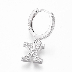 Letter X Rhodium Plated 925 Sterling Silver Hoop Earrings, Dangle Earrings, with Cubic Zirconia, with S925 Stamp, Letter, Clear, Platinum, Letter.X, 20mm, Pendants: about 9x7x1.5mm, Pin: 0.6mm
