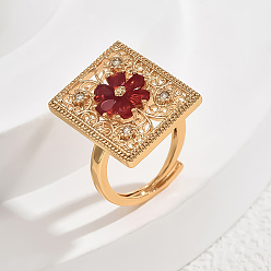 Красный Регулируемые кольца для женщин с микропаве из латуни и кубическими цирконами, квадратные с цветком, золотые, красные