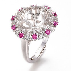 Platinum Adjustable Brass Finger Cup Peg Ring Settings, with Micro Pave Cubic Zirconia, For Half Drilled Beads, Long-Lasting Plated, Flower, Fuchsia & Clear, Platinum, US Size 6 3/4, Inner Diameter: 17mm, Tray: 12mm