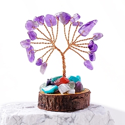 Аметист Натуральные аметистовые чипсы дерево жизни украшения, деревянная основа с орнаментом фэн-шуй из медной проволоки, 50~70x30~40 мм