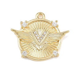 Настоящее золото 18K Латунные микропаве прозрачные подвески с фианитом, плоские круглые с рисунком крыла, без кадмия, без никеля и без свинца, реальный 18 k позолоченный, 18x21x3 мм, отверстие : 1.4 мм