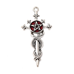 Темно-Красный Эмали сплава большие кулоны, амулет пентаграмма змея меч, античное серебро, темно-красный, 64x31x3.5 мм, отверстие : 3 мм