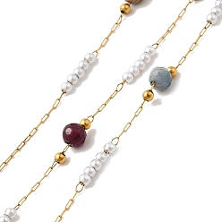 Смешанные камни Ручная работа 304 цепи из нержавеющей стали и натуральных камней, пайки, с 316 кабельными цепочками из нержавеющей стали, абс пластик жемчужина и катушка, ионное покрытие (ip), бусины : 4~4.5 мм