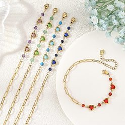 Mixed Stone Gemstone Round & Stainless Steel Glass Heart Link Chain Bracelets with Paperclip Chains, Golden, Mixed Color, 7.17 inch(18.2cm)