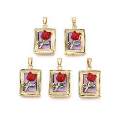 Средний Фиолетовый Латунь эмаль подвески, подвески-прямоугольники и цветы, реальный 18 k позолоченный, средне фиолетовый, 20x13x5 мм, отверстие : 5x2.5 мм