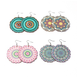 (52) Непрозрачная лаванда Болтаются серьги, с печатными деревянными большими подвесками и медными находками, цветок, разноцветные, 80.5~81 мм, кулон: 59~61.5x2.6~2.7 мм, контактный: 0.6 мм