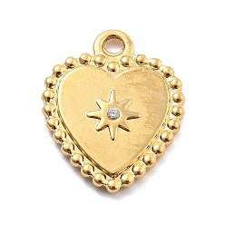 Настоящее золото 18K 304 из нержавеющей стали горный хрусталь подвески, вакуумное покрытие pvd, сердце, реальный 18 k позолоченный, 21x17.5x3 мм, отверстие : 2.3 мм