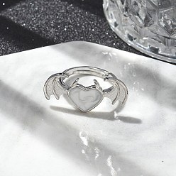 Белый Эмалевые кольца для пальцев в форме сердца с крыльями, украшения из латуни для женщин, долговечный, стойки покрытие, без свинца и без кадмия, белые, 11.5x25 мм, внутренний диаметр: 16 мм