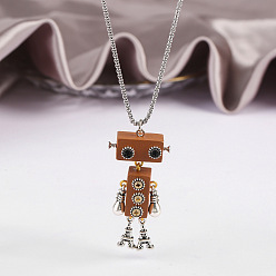 Седло Коричневый Ожерелья с подвесками в виде робота из сплава и дерева, Ожерелья с цепочкой из латуни, платина, седло коричневый, 23.62 дюйм (60 см)
