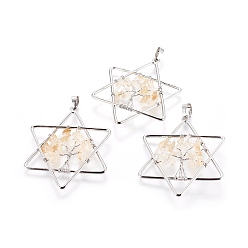 Citrine Natural Citrine Pendants, with Brass Findings, Star, Platinum, 52x43x5~6mm, Hole: 5x8mm