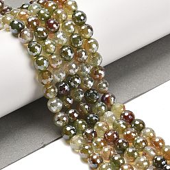 Светло-зеленый Коричневый Гальванические нити круглых бусин из натурального агата, окрашенная и подогревом, граненый (128 граней), оливковый, 8 мм, отверстие : 1.2 мм, около 46 шт / нитка, 14.96 дюйм (38 см)