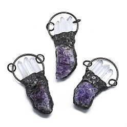 Античная Бронза Большие подвески из гальванизированного необработанного натурального аметиста и кварцевого кристалла, подвески-самородки с латунными кольцами, античная бронза, 57~64x30.5~31.5x23.5~26.5 мм, отверстие : 6.5 мм