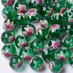 Green Printed & Spray Painted Transparent Glass Beads, Round with Flower Pattern, Green, 8~8.5x7.5mm, Hole: 1.4mm