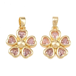 Настоящее золото 18K Латунные микро проложить кубического циркония подвески, цветок, реальный 18 k позолоченный, 16.5x15x4 мм, отверстие : 5x3 мм