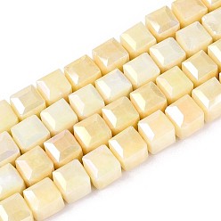 Шампанско-Желтый Антикоррозийные гальванические стеклянные бусины, имитация драгоценных камней, кубические, с покрытием AB цвета, граненые, два тона, шампанское желтый, 7x7x6.5~7 мм, отверстие : 1.2~1.4 мм, около 53~54 шт / нитка, 14.49~15.08'' (36.8~38.3 см)