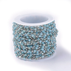 Васильковый Ручной цепи стекло бисером, пайки, с латунной фурнитурой , с катушкой, долговечный, Реальная платина, кубические, васильковый, 2.3~2.8x2.3~2.8x2.3~2.8 мм, 2 мм, около 32.8 футов (10 м) / рулон