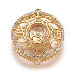 Golden Messing Mikro ebnen Zirkonia Links, mit Glas, flach rund mit chinesischen Zeichen, golden, 28x23x7 mm, Bohrung: 1 mm