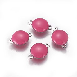 Ярко-Розовый 304 соединительные звенья эмалированные нержавеющие, эмалированные блестки, плоско-круглые, цвет нержавеющей стали, ярко-розовый, 14.5x10x4.5 мм, отверстие : 1.4 мм