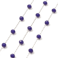 Blue Glass Round Beaded Chains, with 304 Stainless Steel Findings, Unwelded, with Spool, Blue, 3x3.5mm, about 16.40 Feet(5m)/Roll