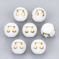 Libra Electroplate Glass Beads, Round with Constellations Pattern, Golden Plated, Libra, 10mm, Hole: 1.2mm