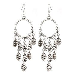 Antique Silver Alloy Ring Chandelier Earrings, Brass Leaf Tassel Earrings, Antique Silver, 98x30mm