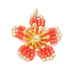 Оранжево-Красный Стеклянные подвески из бисера, цветочный шарм, с железным и 304 соединительным кольцом из нержавеющей стали, оранжево-красный, 22.5x22x6 мм, отверстие : 3.5 мм