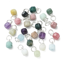 Серебро Природные смешанные подвески драгоценных камней, Граненые кубические подвески с петлями из нержавеющей стали, разноцветные, смешанные окрашенные и неокрашенные, серебряные, 304 мм, Перейти кольцо: 8x5x5 мм, внутренний диаметр: 5x0.8 мм