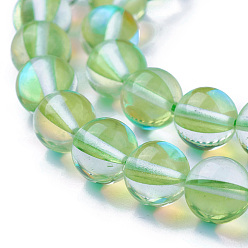 Light Green Synthetic Moonstone Beads Strands, Dyed, Holographic Beads, Half AB Color Plated, Round, Light Green, 6mm, Hole: 1mm, about 64pcs/strand, 15 inch