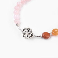 Rose Quartz Adjustable Nylon Cord Braided Bead Bracelets, with Natural Mixed Stone & Rose Quartz Beads, Brass Beads and Alloy Beads, Flat Round with Tree of Life, 2 inch(5cm)~3-1/8 inch(8cm)