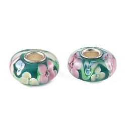 Dark Green Lampwork & Brass Core European Beads, Large Hole Beads, Rondelle with Flower, Dark Green, 15x7.5mm, Hole: 4mm