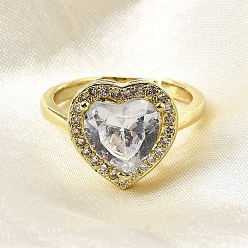 Настоящее золото 18K Регулируемые кольца для женщин с микропаве из латуни и кубическими цирконами, сердце, долговечный, стойки покрытие, реальный 18 k позолоченный, 13.5x13.5 мм, размер США 6 3/4 (17.1 мм)