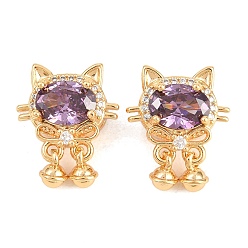 Средний Фиолетовый Латунные микро проложить кубического циркония бусы, без никеля , формы кошек, реальный 18 k позолоченный, средне фиолетовый, 17x14x7 мм, отверстие : 1.8 мм