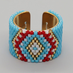 Светло-Голубой Регулируемые манжеты в стиле бохо 304 из нержавеющей стали и стеклянных бусин, ромб, Небесно-голубой, внутренний диаметр: 20 мм