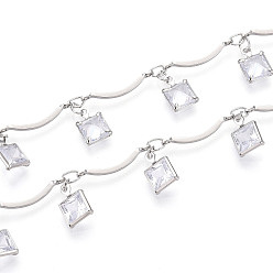 Платина Цепи из латуни и стекла с фестончатыми прутьями, с квадратным шармом, пайки, с катушкой, платина, 15.5x1.8 мм, около 32.81 футов (10 м) / рулон